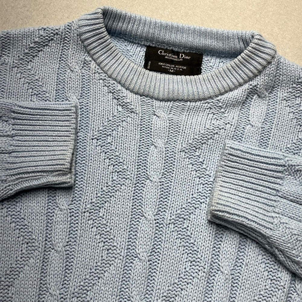 VTG Christian Dior Monsieur Men Cable Knit Sweater Light Blue Orlon Acrylic  Med